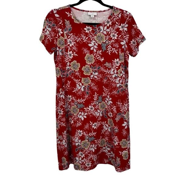 J. Jill Floral Short Sleeve Round Neck Front Pocket Dress Red Size Small Petite - Picture 1 of 8